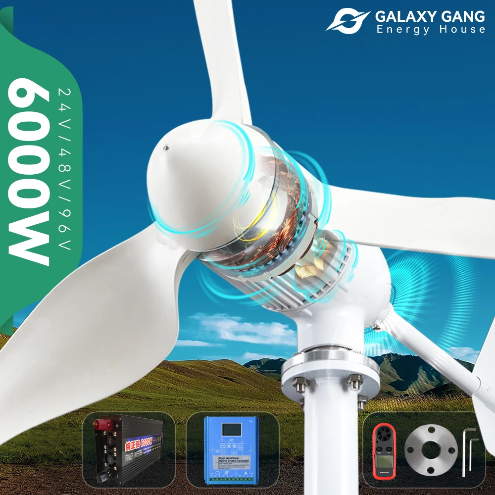 Wind Power Turbine Generator kit 4000w 6000w 3Blade 24V 48V Free Energy With MPPT Charger Controller Off Grid Inverter System