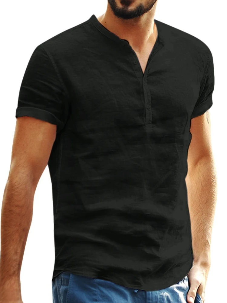 2022 Summer Solid Color Short Sleeve Retro Tunic Shirt Tops Men's Shirts Men's Loose Cotton Linen Streetwear Shirts Slim Fit