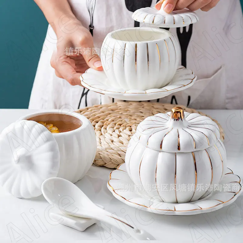 

Northern Europe Ceramic Plate Dining Room Desktop Dishes Set Pumpkin Golden Stroke Shape Soup Bowl Modern Kitchen Tableware