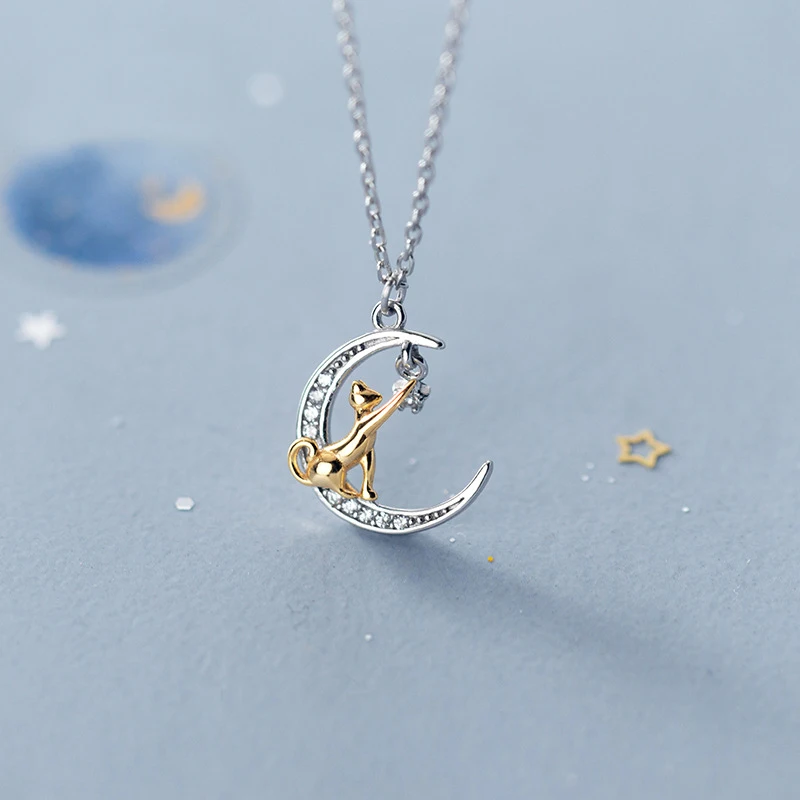 

MloveAcc Two-Tone Authentic 925 Sterling Silver Pendant CZ Set Cat Catching the Moon Animal Necklace Jewelry