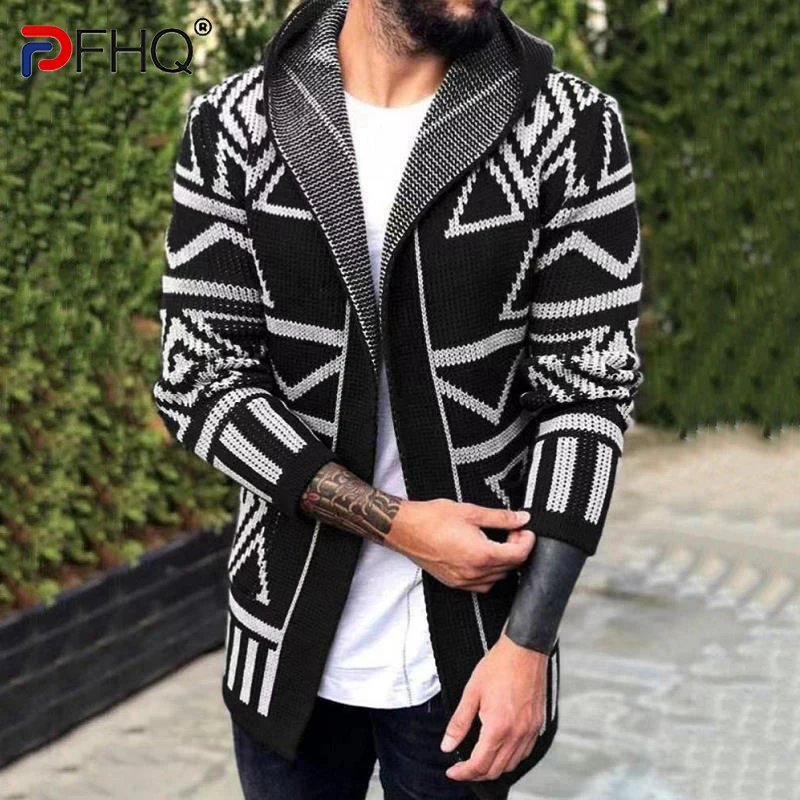 

PFHQ 2023 Fashion Vintage Men's Knitted Cardigan Trendy Long Spring New Printed Wool Jacquard Tops Hooded Sweaters Jackets Coat