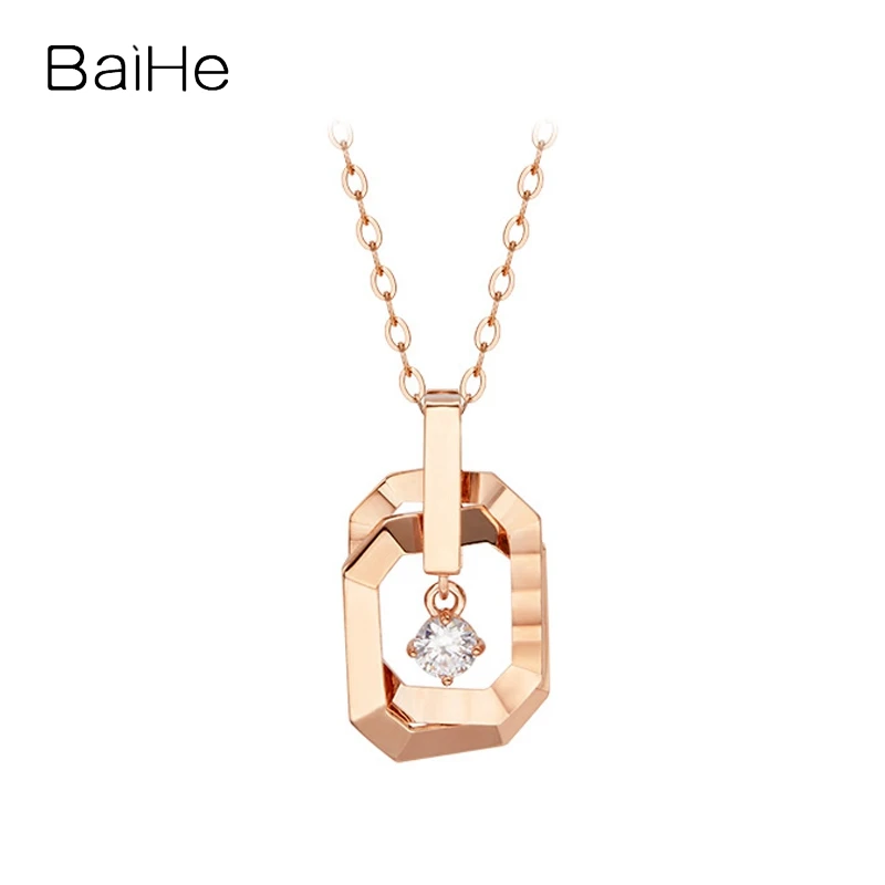 

BAIHE Solid 14K Rose Gold H/SI Natural Diamond Leisure beautiful Square Pendant Necklace for Women Trendy Party Fine Jewelry