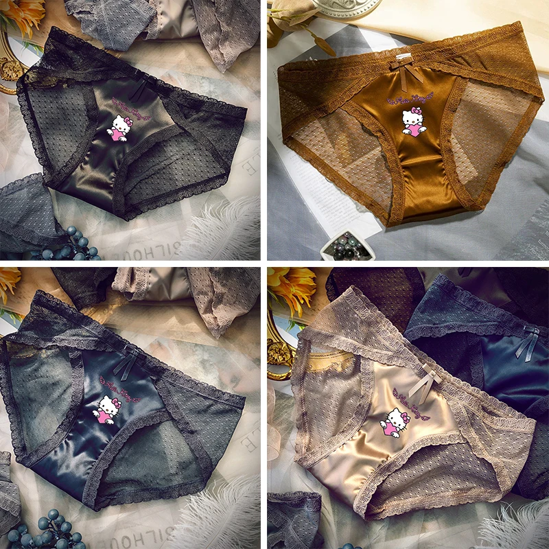 

Sexy French Lace Panties Anime Hello Kitty Transparent Mesh Light Texture Breathable Cotton Mid-Waist Briefs Women's Underwear