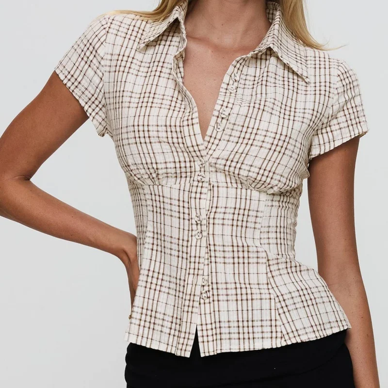 Женские клетчатые рубашки в стиле ретро с коротким рукавом и отложным воротником