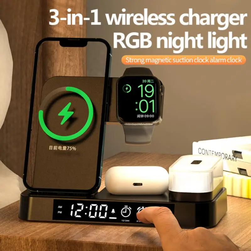 

3 In 1 Wireless Charger Detachable Charging Dock Station Rgb With Clock Charging Adapters For Iphone Iwatch Airpods Foldable