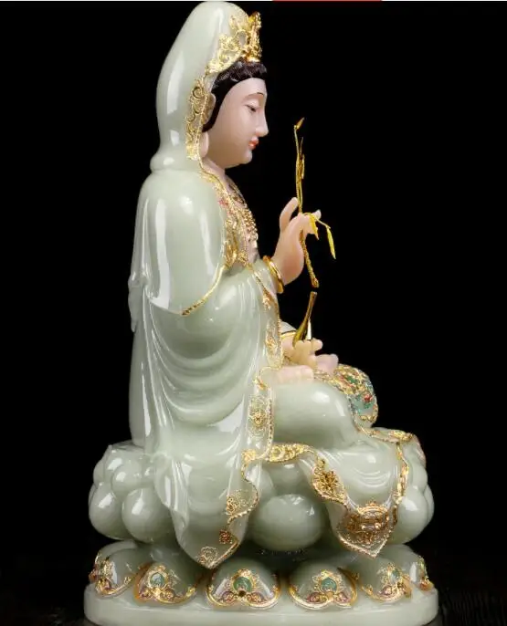Роскошная фигурка BUDDHA из нефрита с высокой позолотой Богиня Гуань Инь БОГ