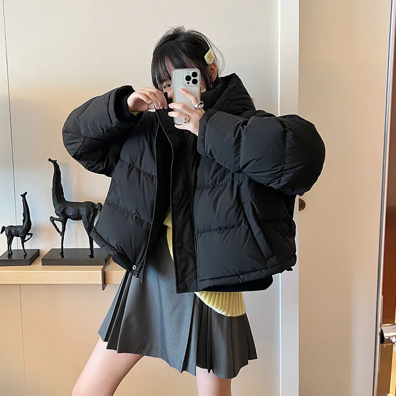 New Short Hooded Down Jacket Women's Winter Stand Collar Thickened Warm White Eiderdown Casual Single Breasted Coat Loose Jacket