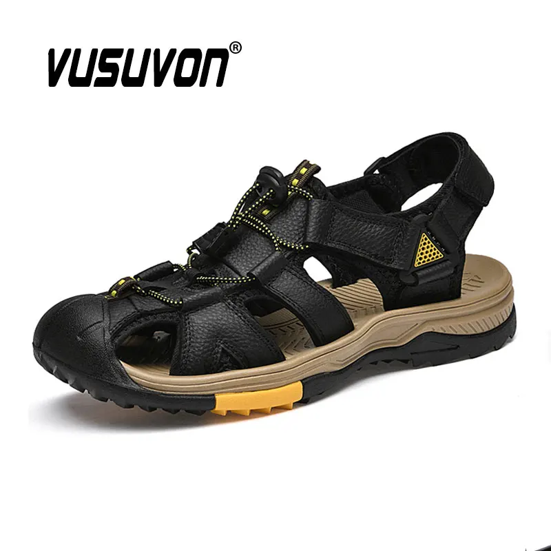 

Cow Genuine Leather Men Shoes Summer New Sandals Fashion Black Water Beach Slippers Big Size 38-46 Flat Loafers