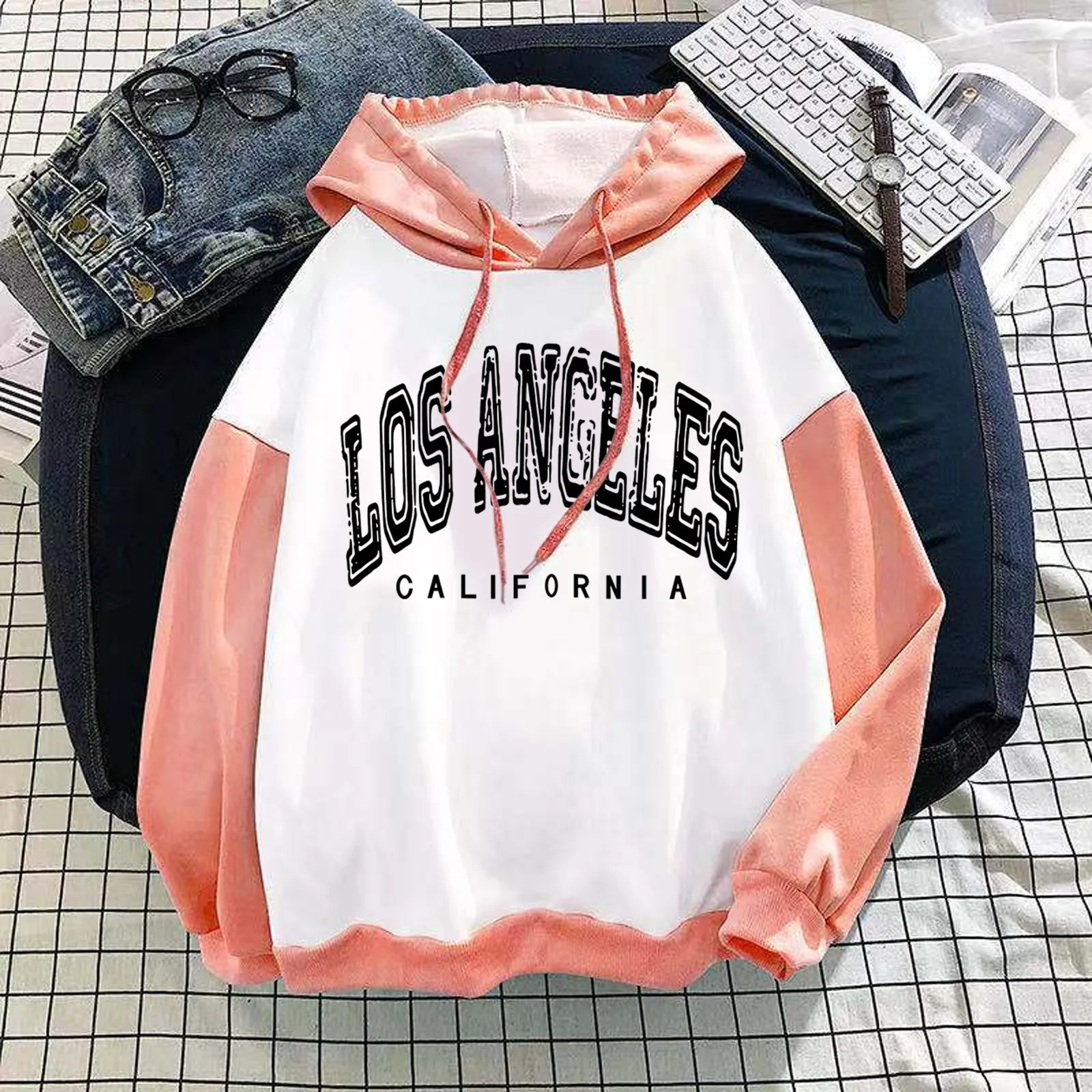 

Women's Fashion New Stitching Color Block Cute Plus Velvet Long Sleeve Hooded Sweatshirt Tops Loose Casual Pullovers