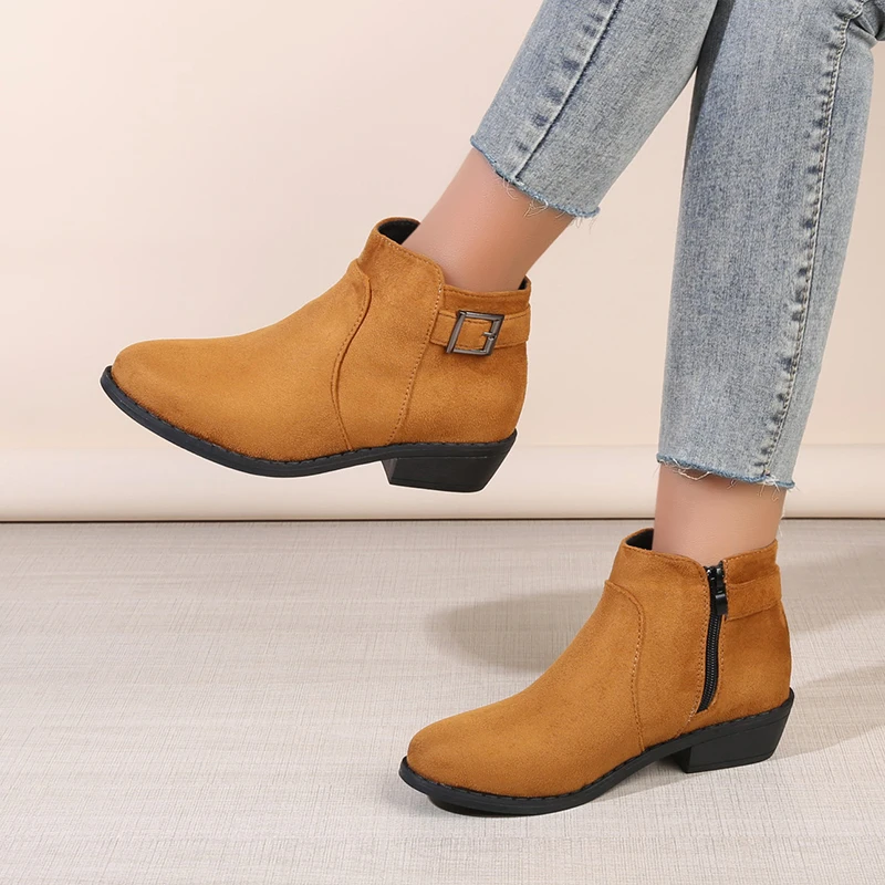 

2023 Faux Nubuck Chunky Ankle Boots Women Autumn Winter Fashion Thick Heels Booties Shoes Buckle Strap Zipper Non Slip Botas