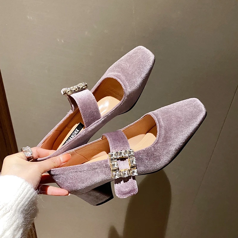 

Summer Shoes Ladies Shallow Mouth Buckle Women's Heels Square Toe Female Footwear Casual Sneaker Crystal 2022 On Heels Dress New