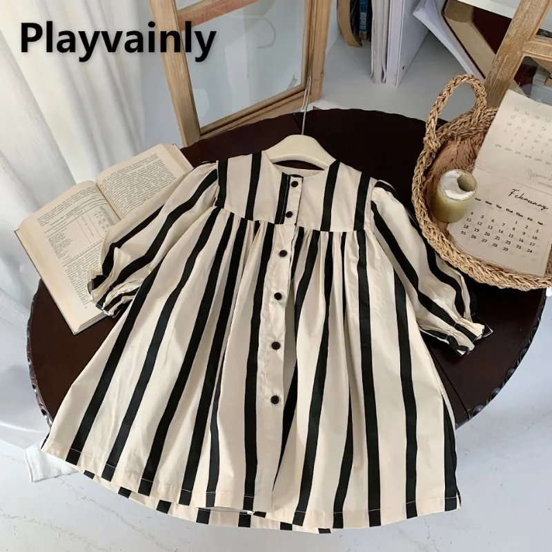 Платье-рубашка в Вертикальную Полоску с круглым вырезом и длинным рукавом