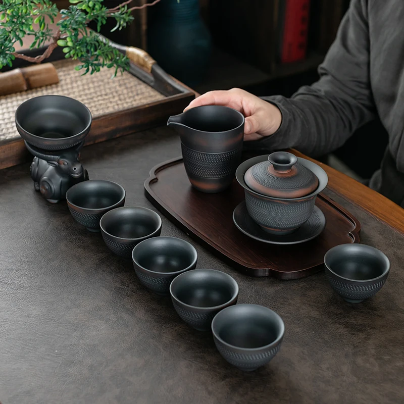 

Black Portable Tea Set Vintage Antique 6 Persons Infuser Yerba Mate Tea Set Services Mug Teapot Kung Fu Juego De Te Tea Cup Set