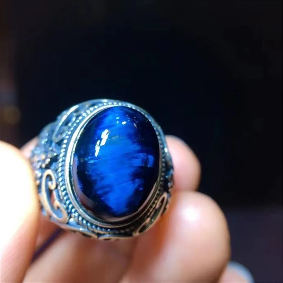 

Кольцо с натуральным синим пьестерситом камнем, серебро 925 пробы для женщин и мужчин, бусины 15 х11 мм, регулируемое кольцо с кристаллом Намиби...