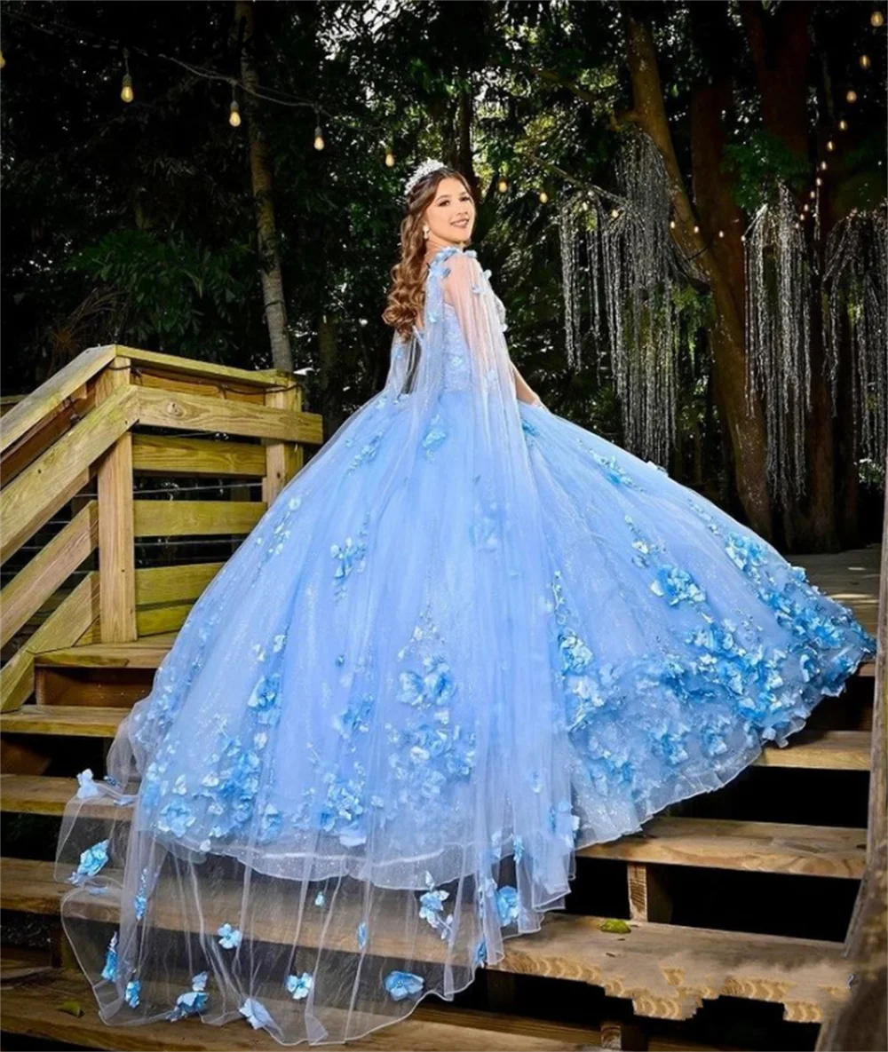 Бальное платье небесно-голубого цвета платья Quinceanera со съемной накидкой
