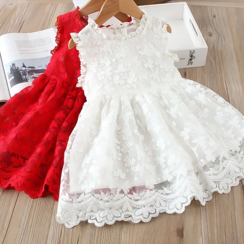 

White Summer 2023 Princess Dress for Kids Girl Sleeveless Birthday Party Children Clothing Lace Flower Girl Casual Dress Vestido