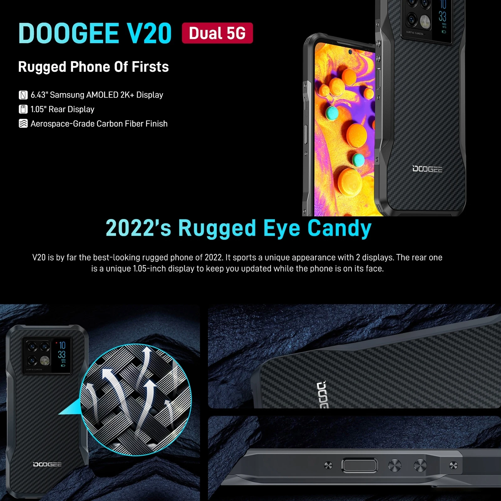DOOGEE V20 Dual 5G Smartphone 256GB ROM 8GB RAM Rugged Phone Dimensity 700 Octa-Core 6.43