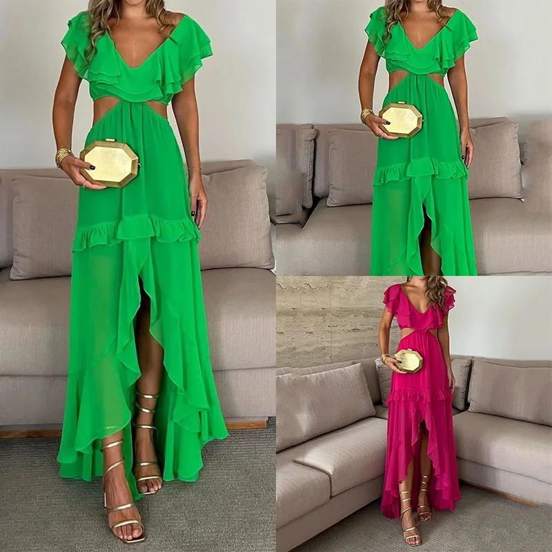 

Summer 2023 New Women's Temperament Elegant Solid Color Long Dress Sexy V Neck Waist Hollow Ruffle Banquet Long Dress Women