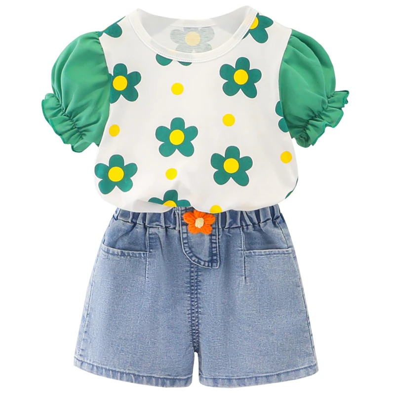 

2022 Summer Girl Clothing Sets Children Casual Clothes Short Sleeve Floral Lace Toddler Baby T Shirt Denim Shorts Kids Outfits