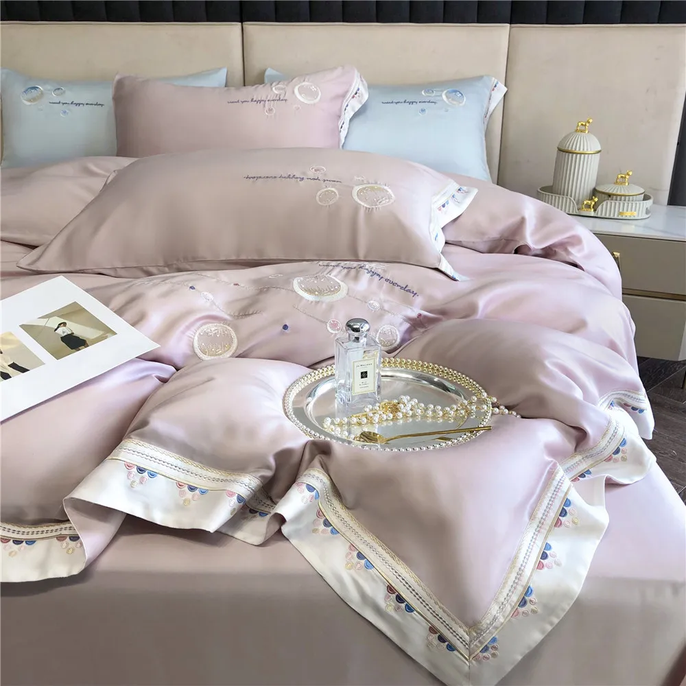 

High Density Three-Dimensional Embroidery Tencel Four-Piece Set Summer Cool Ice Silk Quilt Cover Bed Sheet Bedding