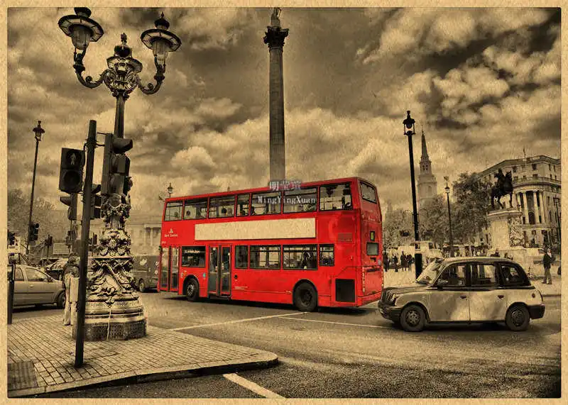 

Лондонский красный автобус и телефонная будка Ретро ностальгическая крафт-бумага плакат для кафе бар украшение для дома сердечник 4K HD