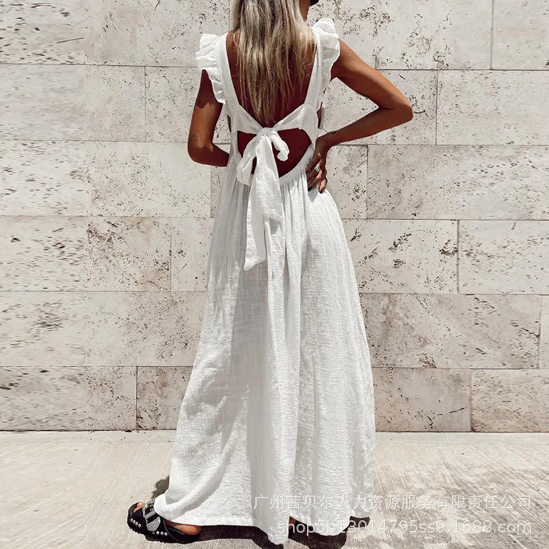 

Women Elegant Fashion Ruffles Hem Tied Detail Linen Backless Maxi Dress Casual Sleeveless Loose Long Bohemian Dress Streetwear