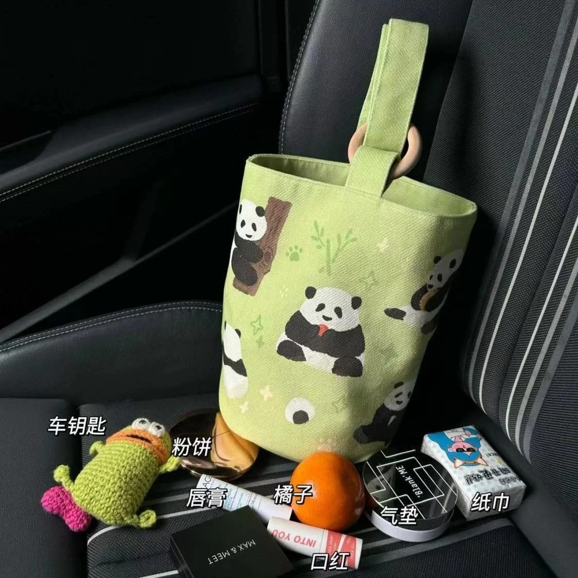 Kawai Handheld Carry Bags, Canvas Bucket Bags, Cute Panda Portable Cosmetics Snacks Bags, Daily Commute Diaper Bottle Kids Bag