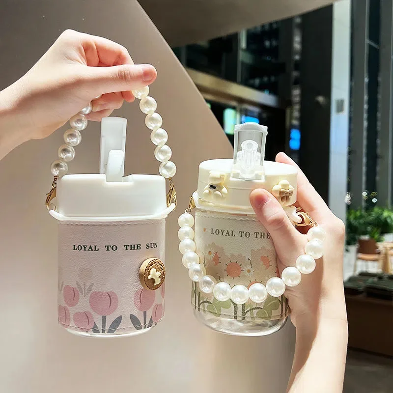 

400ml Portable Glass Cup Coffee Mug With Lid And Straw Pearl chain Tulip Printing Glass Water Bottle For Girls Tea Drinkware Mug