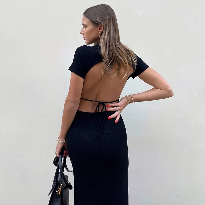 

Summer Pure Woman Clothes Ribbed Short Sleeve Shirt Midi Dress Buttons Lace Up Backless Bodycon Sexy Streetwear Party Dresses