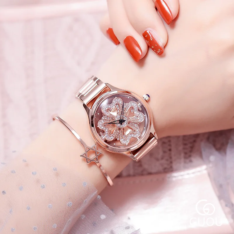 Luxury Bling Four-Leaf Clover Crystal Quartz Watch Women Steel Watches Ladies Wristwatch Relojes Mujer For Female Girls