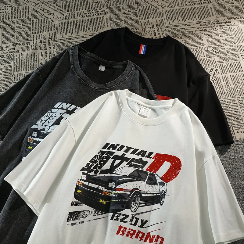 

Футболка мужская с рисунком гоночного дрифта, винтажная свободная из хлопка с коротким рукавом, с аниме начальником, американский стиль, для пар