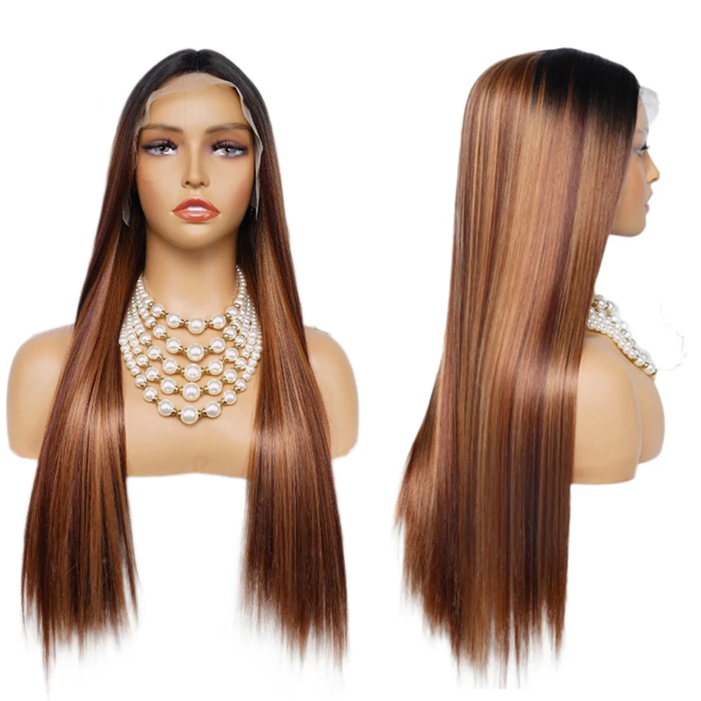 

1B/30 Brown Ombre Wig Synthetic Long Straight Wigs Natural Color Lace Middle Part Hair Wig For Women Heat Resistant Fiber Afro