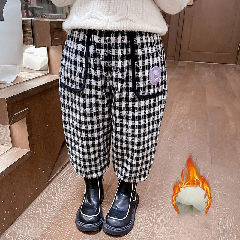 

Kawaii Sanrio Children Cotton Trousers Kuromi Cute Anime Warm Lightweight Breathable Plaid Leisure Sports Pants Gift for Kids