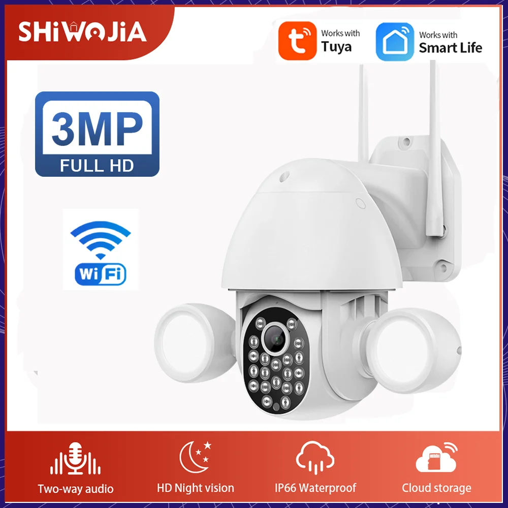 

SHIWOJIA 3MP PTZ Tuya Smart Security Camera Outdoor Double Lamp Lighting Auto Tracking Two-way Voice Wifi Cam Surveillance Cctv