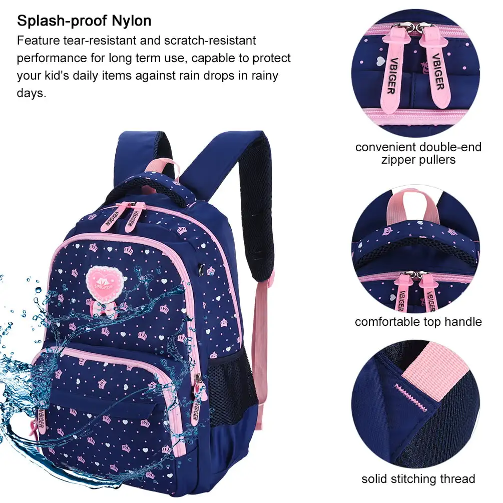 3-in-1 School Bags Casual Student Daypack Chic Nylon Style Lightweight Backpack Set for Teenage Girls, Dark Blue