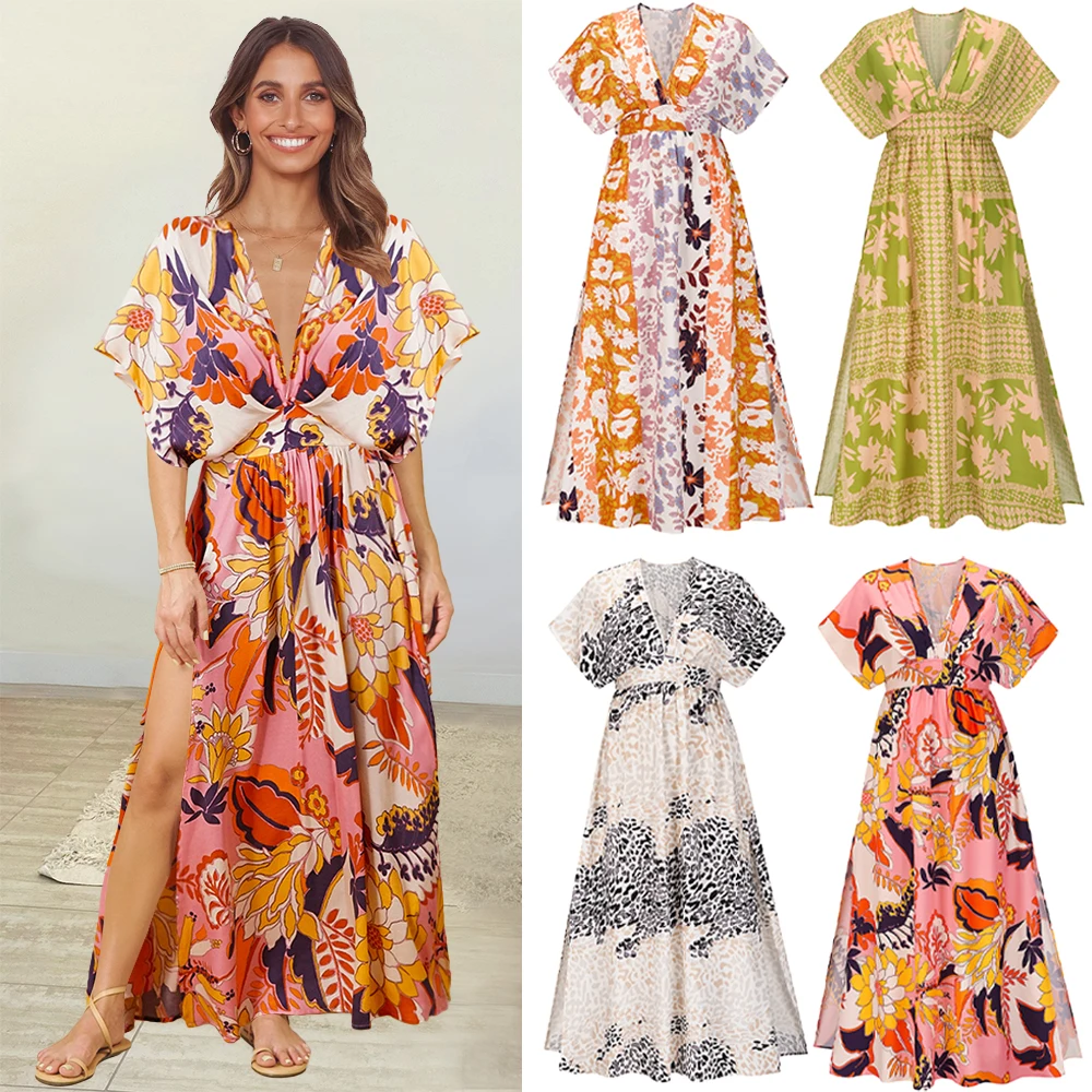 2022 summer women's new dress bat sleeve v-neck printed beach dress