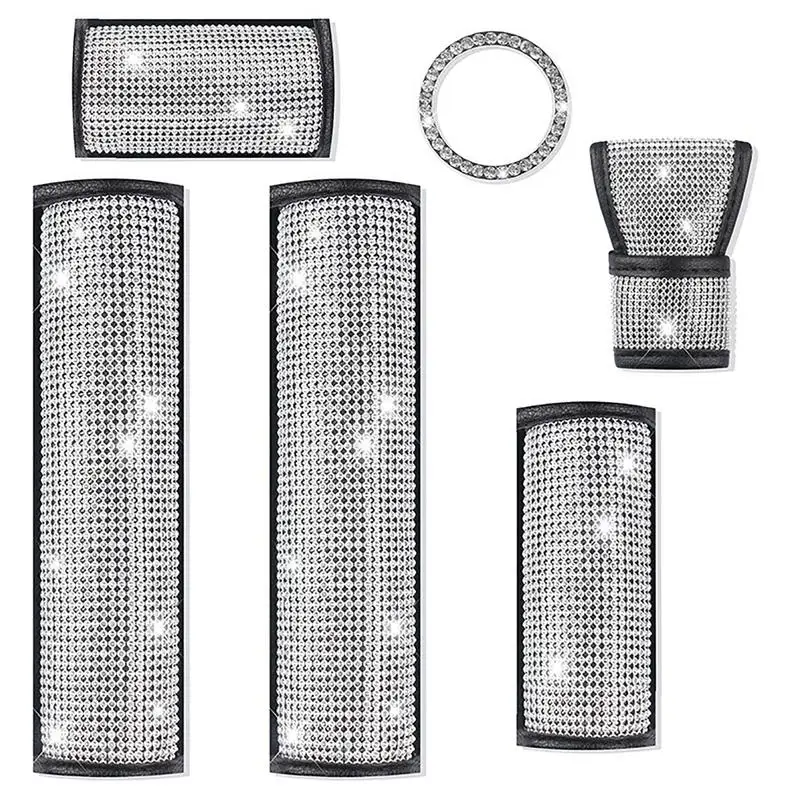 

6pcs Shiny Car Interior Decoration For Women Bling Rhinestone Kit Seat Belt Cover Handbrake Gear Shift Cover Auto Accessories