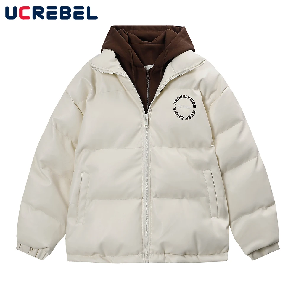 

Стеганая куртка с Вышивкой Букв, мужская куртка из искусственной кожи с вставками из двух частей, зимняя свободная повседневная мужская вер...