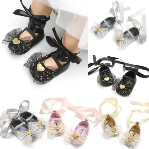 

Newborn Baby Girls Soft Flats Leather PrewalkerHeart Lace Bowknot Anti-Slip Princess Dress