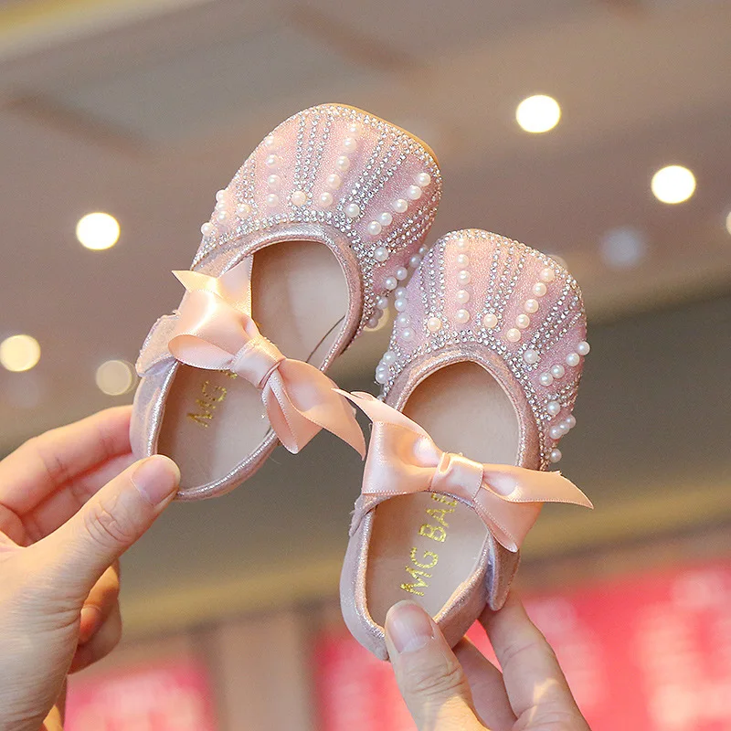 

Girls Single Princess Shoes Pearl Shallow Children's Flat Shose Kid Baby Bowknot Shoes 2022 Spring Autumn Toddler Mary Janes