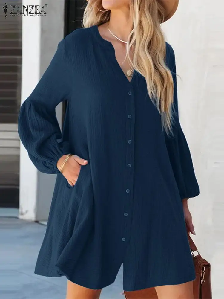 

Женский сарафан ZANZEA с V-образным вырезом, однотонное весеннее повседневное модное мини-платье на пуговицах, праздничные платья-рубашки с рукавами-фонариками