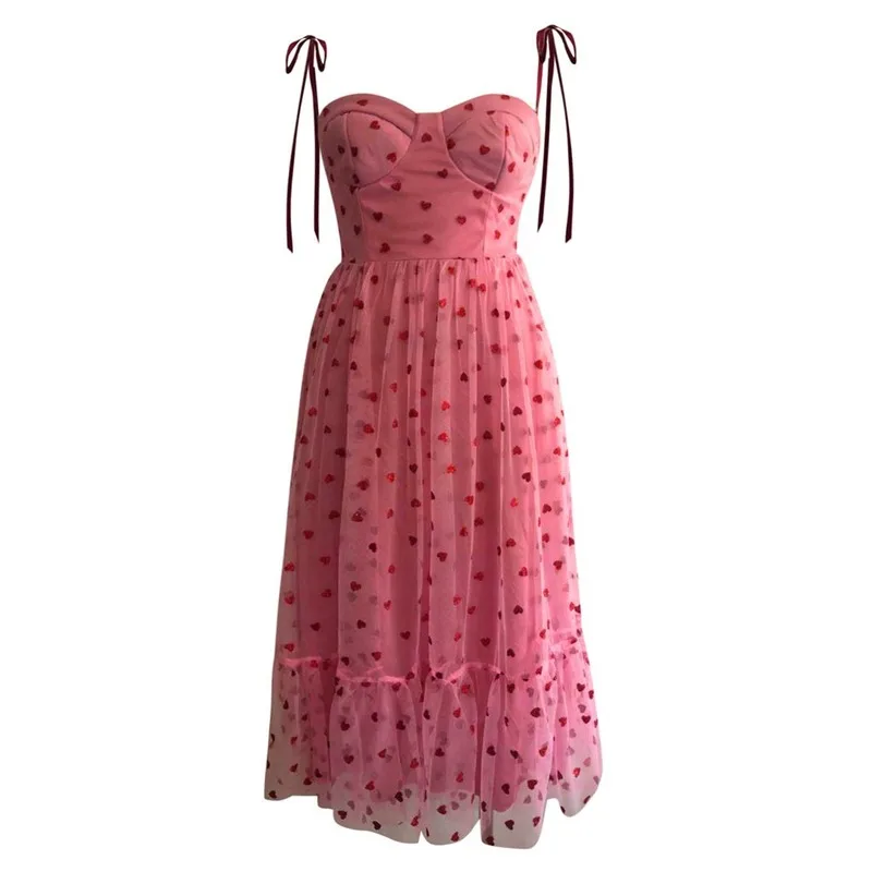 

2022 Women Pink Heart Spaghetti Strap Dress Sleeveless Dress Summer Ball Gown Dresses Female Sundress