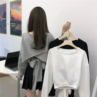 cotton sweet and loose short cut out halter straps bow knot long sleeved sweater womens top hoodie ladies pullover cardigan