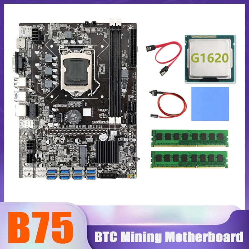 

B75 BTC Miner Motherboard 8XUSB+G1620 CPU+2XDDR3 4G 1333Mhz RAM+SATA Cable+Switch Cable+Thermal Pad B75 USB Motherboard