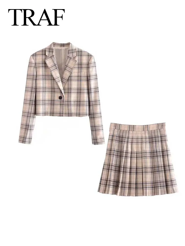 

TRAF ZA Women's Suit Pleated Group Suit Plaid Short Casual Suit Jacket + High Waist Pleated Skirt College Youth Fashion Clothing