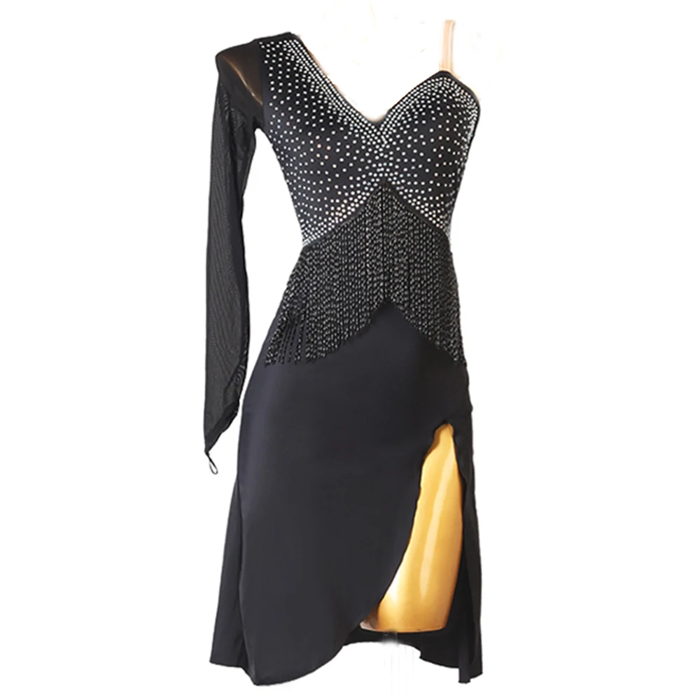 

Ladies Latin Tango Rumba Cha Cha Belly Dance Side Slit Dress with Lingerie Fringe