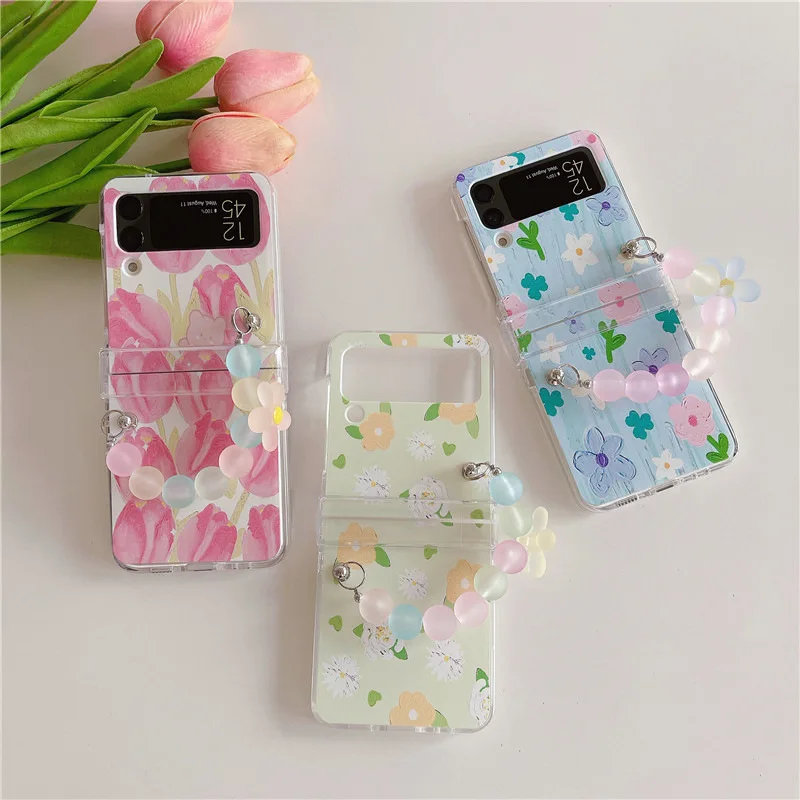 

Fresh Oil Painting Flower Beads Phone Case for Samsung Galaxy Z Flip 3 Z Flip 4 Hard PC Back Cover for ZFlip3 ZFlip4 Case Shell