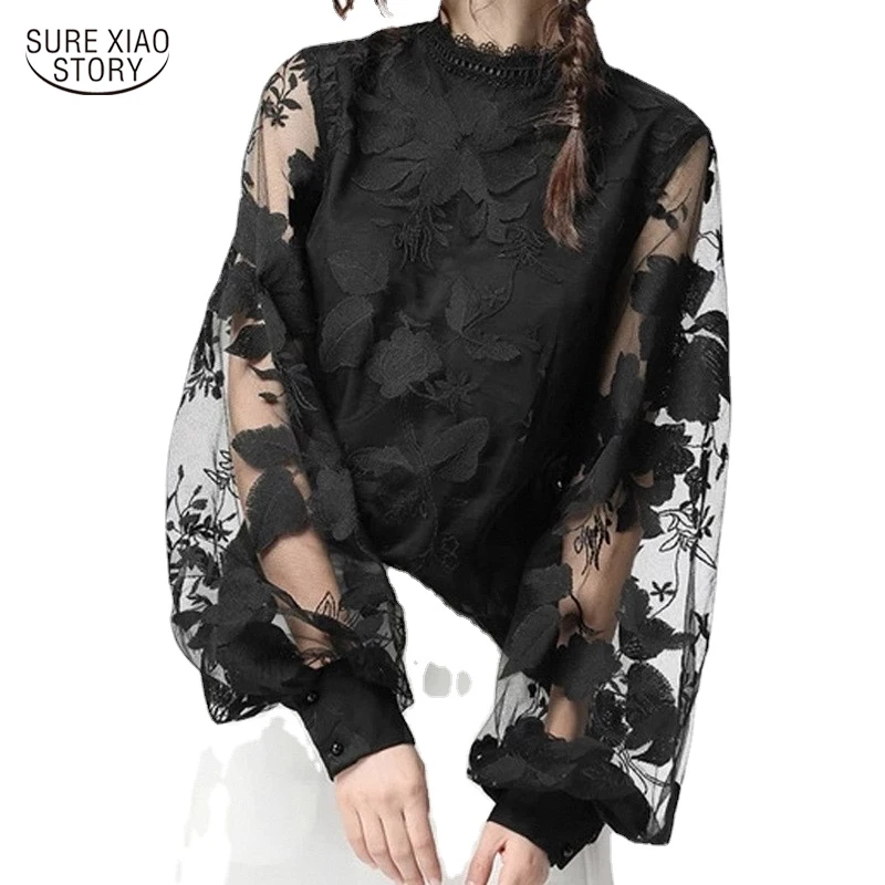 

Винтажная однотонная черная рубашка с воротником-стойкой, модные топы, элегантная кружевная ажурная блузка с цветочным узором на крючках и ...