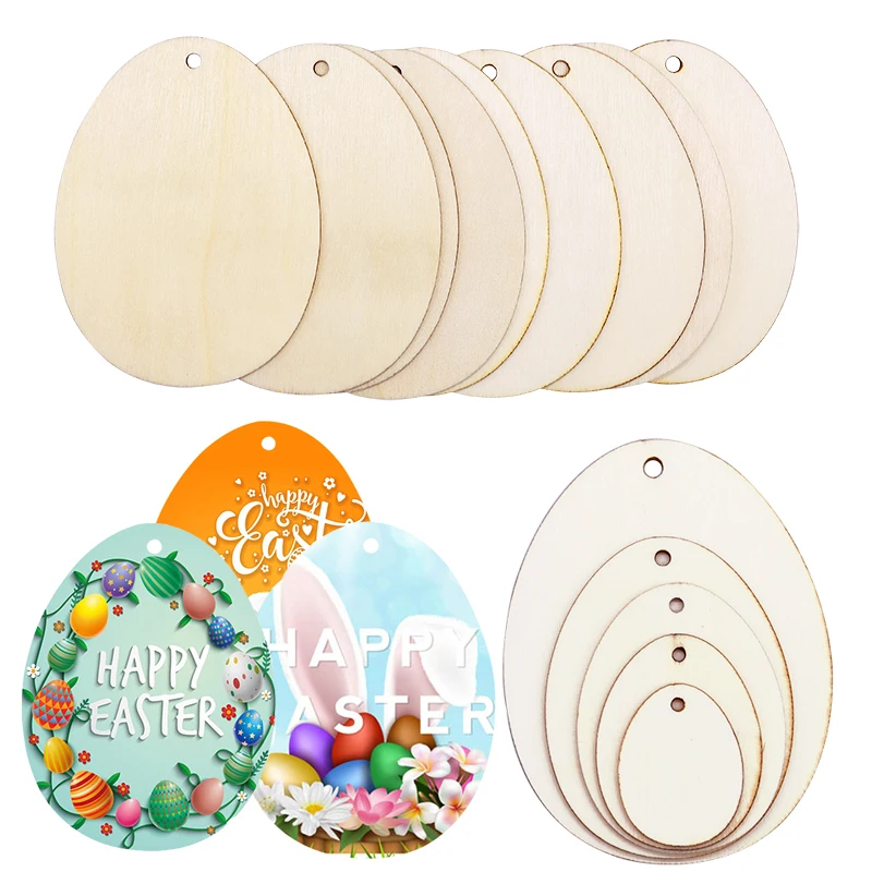 

50PCS DIY Easter Egg Wood Slices Easter Hangibng Pendant Unfinished Wood Crafts For Happy Easter Party Kids Graffiti Egg