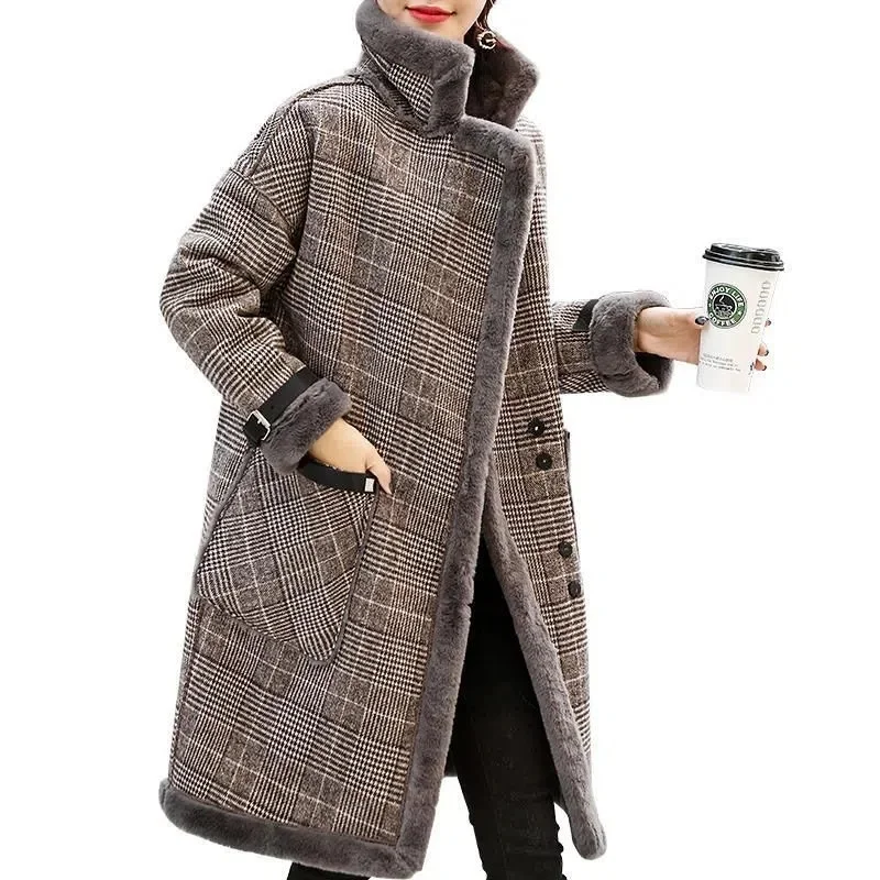 

Autumn Winter Jacket Women Parka New Plaid Imitation Lamb Wool Warm Woolen Coat Women's Clothing Mod Long Outerwear Mujer Coats